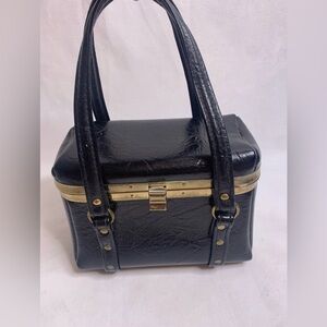 Spilene black handbag retro box purse gold tone hardware grandmas pocket book